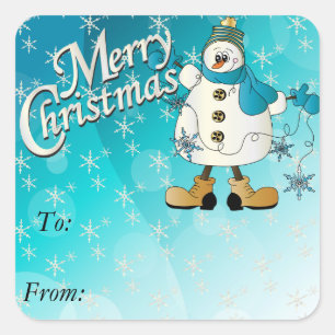 Pegatina Cuadrada Feliz Navidad Blue Snowflake Snowman