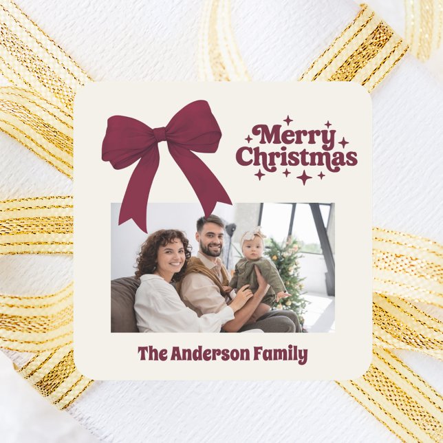 Pegatina Cuadrada Feliz Navidad borgoña arco beige foto retro (Subido por el creador)