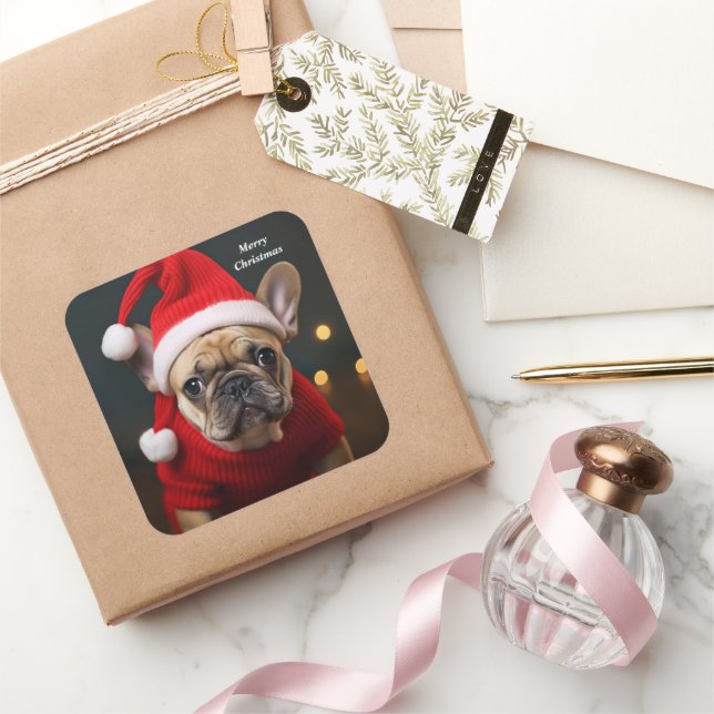 Pegatina Cuadrada Feliz Navidad Bulldog francés (Regalar)