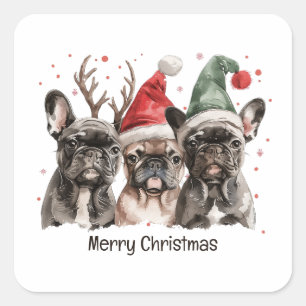 Pegatina Cuadrada Feliz Navidad Bulldog francés Perros renos