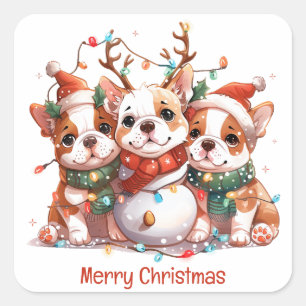 Pegatina Cuadrada Feliz Navidad Bulldog inglés Reindeer Santa