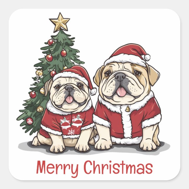 Pegatina Cuadrada Feliz Navidad Bulldog inglés Santa Hats (Anverso)