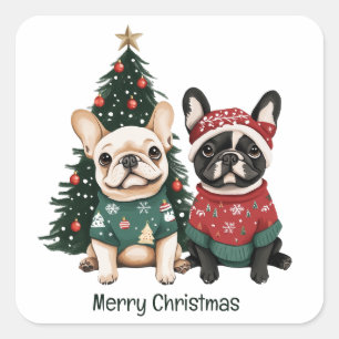 Pegatina Cuadrada Feliz Navidad Bulldoges franceses