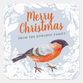 Pegatina Cuadrada Feliz Navidad Bullfinch Bird Snowy Wreath Winter