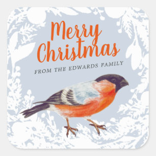 Pegatina Cuadrada Feliz Navidad Bullfinch Bird Snowy Wreath Winter