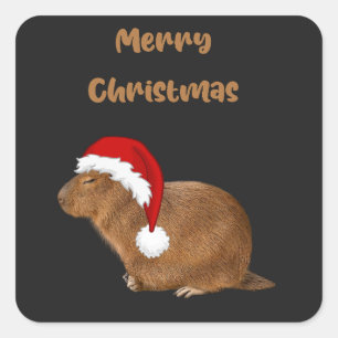 Pegatina Cuadrada Feliz Navidad Capibara; Capibara en Santa Hat