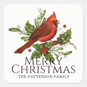 Pegatina Cuadrada Feliz Navidad Cardenal Nombre Personalizado