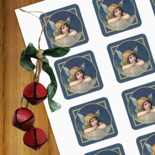 Pegatina Cuadrada Feliz Navidad Cherub Angel Vintage Blue Gold