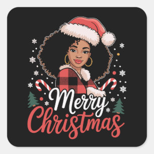 Pegatina Cuadrada Feliz Navidad Chica Africana Negra Sombrero de San