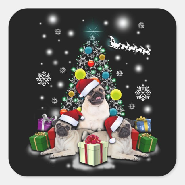 Pegatina Cuadrada Feliz Navidad con animal de perro de pug (Anverso)
