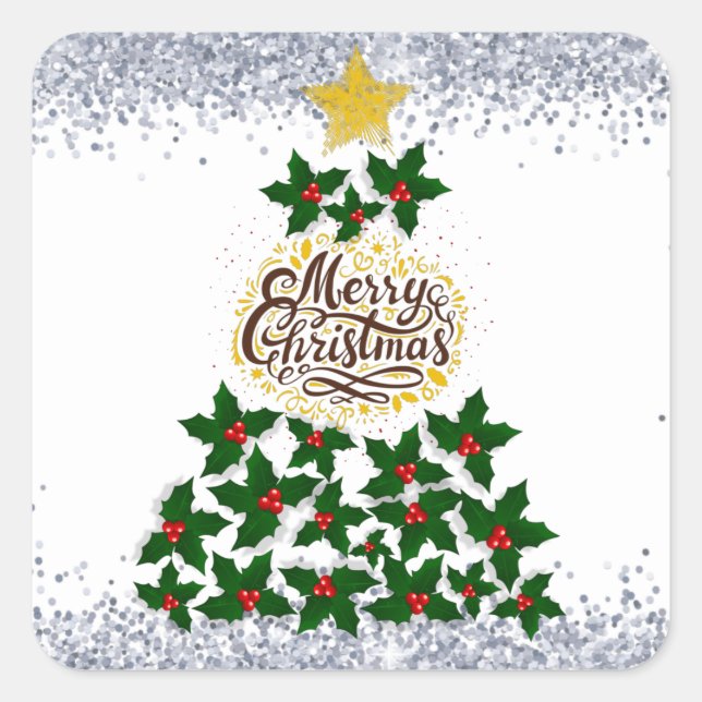 Pegatina Cuadrada Feliz Navidad con el árbol de Navidad (Anverso)