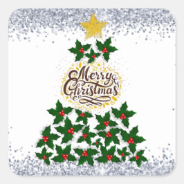 Pegatina Cuadrada Feliz Navidad con el árbol de Navidad