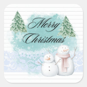 Pegatina Cuadrada Feliz Navidad con el árbol navideño de Snowman
