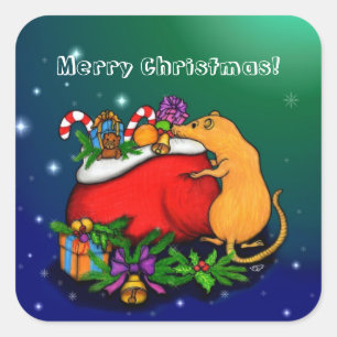 Pegatina Cuadrada Feliz Navidad con el príncipe rata