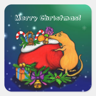 Pegatina Cuadrada Feliz Navidad con el príncipe rata