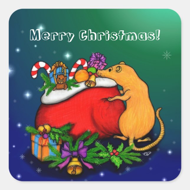 Pegatina Cuadrada Feliz Navidad con el príncipe rata (Anverso)