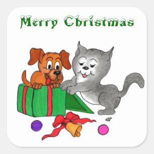 Pegatina Cuadrada Feliz Navidad con gato y pipa