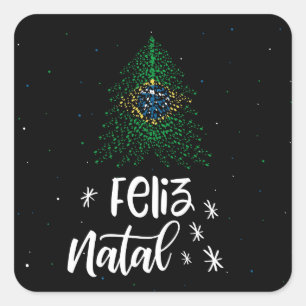 Pegatina Cuadrada Feliz Navidad con la bandera de Brasil