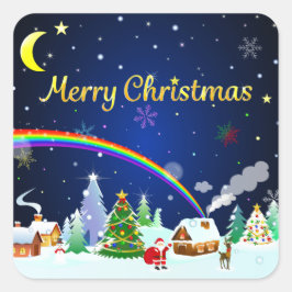 Pegatina Cuadrada Feliz Navidad con la luna creciente