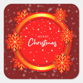 Pegatina Cuadrada Feliz Navidad, copos de nieve de oro rojo