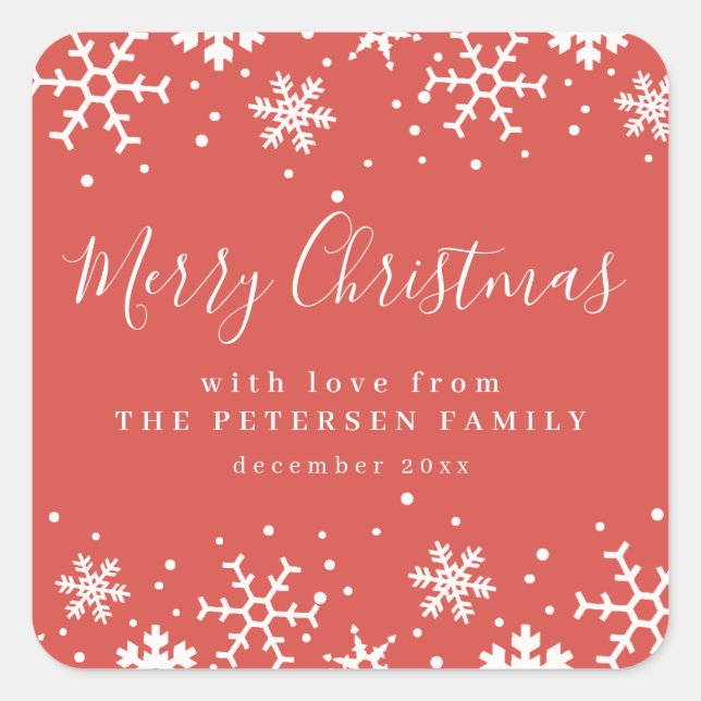 Pegatina Cuadrada Feliz Navidad copos de nieve en invierno personali (Anverso)