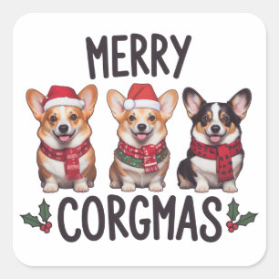 Pegatina Cuadrada Feliz Navidad Corgi Santa Sombrero Navidad Corgi P