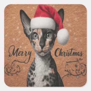 Pegatina Cuadrada Feliz Navidad Cornish rex Cat, Navidad Santa Kitty