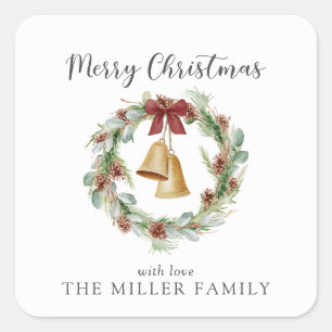 Pegatina Cuadrada Feliz Navidad, corona de follaje con campanas dora