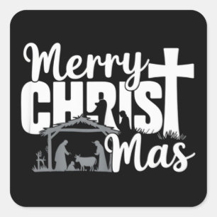 Pegatina Cuadrada Feliz Navidad Cristiana Navidad Jesús Familia 