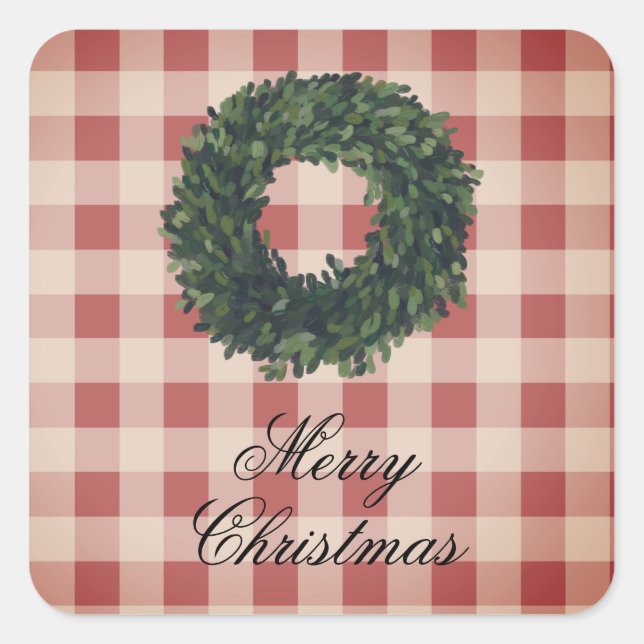 Pegatina Cuadrada “Feliz Navidad” Cuadros de Gingham Rojo (Anverso)