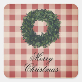 Pegatina Cuadrada “Feliz Navidad” Cuadros de Gingham Rojo