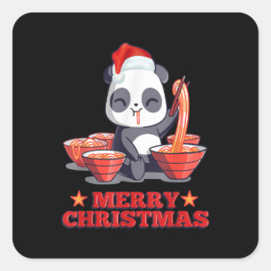Pegatina Cuadrada Feliz Navidad Curte Ramen Panda Fideos Japoneses