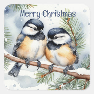 Pegatina Cuadrada Feliz Navidad Cute Chickadee Birds