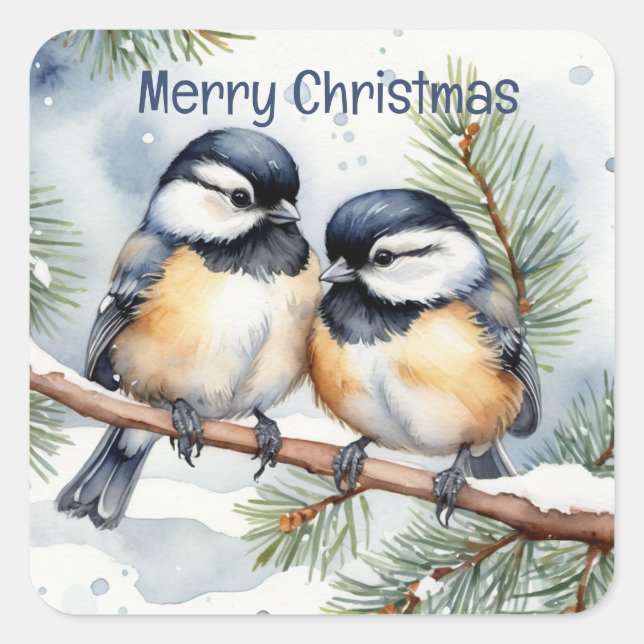 Pegatina Cuadrada Feliz Navidad Cute Chickadee Birds (Anverso)
