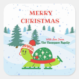 Pegatina Cuadrada Feliz Navidad Cute Turtle Patinaje sobre hielo en 