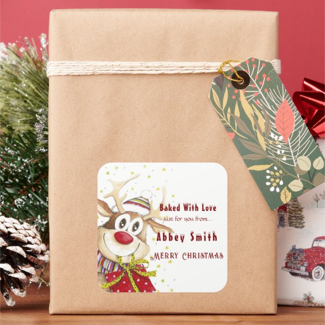 Pegatina Cuadrada Feliz Navidad de renos cocina dulces y tratamiento (Vacaciones)