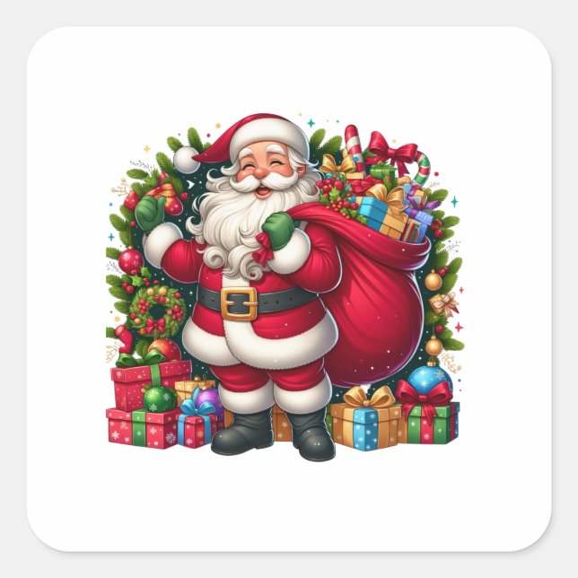 Pegatina Cuadrada Feliz Navidad de Santa Claus (Anverso)