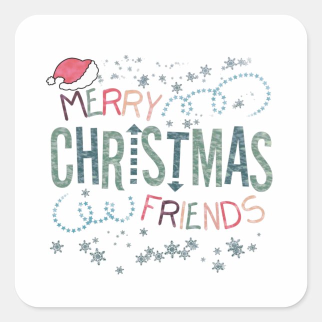 Pegatina Cuadrada Feliz Navidad decorativa. Copos de nieve, sombrero (Anverso)