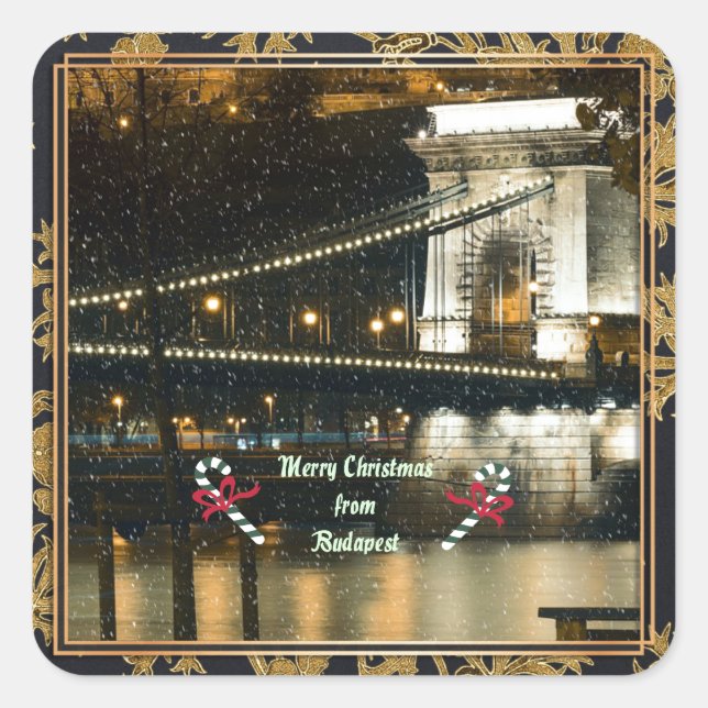 Pegatina Cuadrada Feliz Navidad desde Budapest (Anverso)