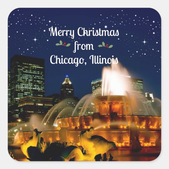 Pegatina Cuadrada Feliz Navidad desde Chicago, (Anverso)