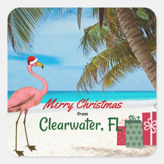 Pegatina Cuadrada Feliz Navidad desde Clearwater, FL (Anverso)
