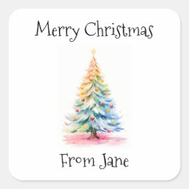 Pegatina Cuadrada Feliz Navidad desde el árbol acuarela del arco iri