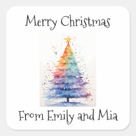 Pegatina Cuadrada Feliz Navidad desde el árbol acuarela del arco iri