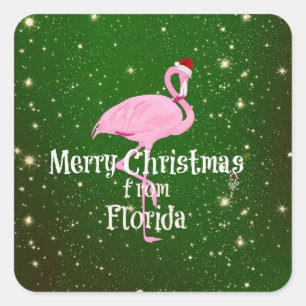 Pegatina Cuadrada Feliz Navidad desde Florida, Santa Flamingo