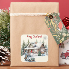 Pegatina Cuadrada Feliz Navidad desde la tarjeta navideña de cabaña