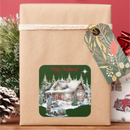 Pegatina Cuadrada Feliz Navidad desde la tarjeta navideña de cabaña
