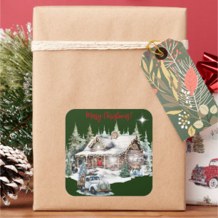 Pegatina Cuadrada Feliz Navidad desde la tarjeta navideña de cabaña