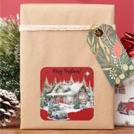 Pegatina Cuadrada Feliz Navidad desde la tarjeta navideña de cabaña