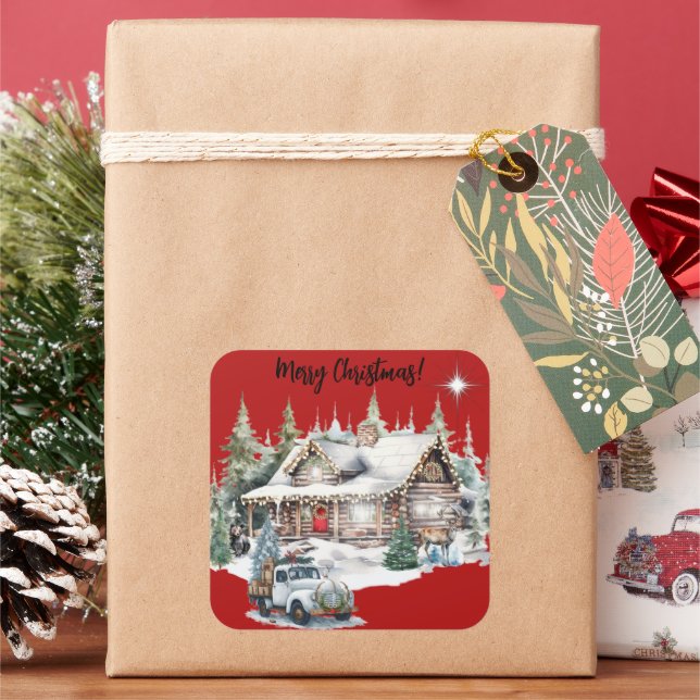 Pegatina Cuadrada Feliz Navidad desde la tarjeta navideña de cabaña (Vacaciones)