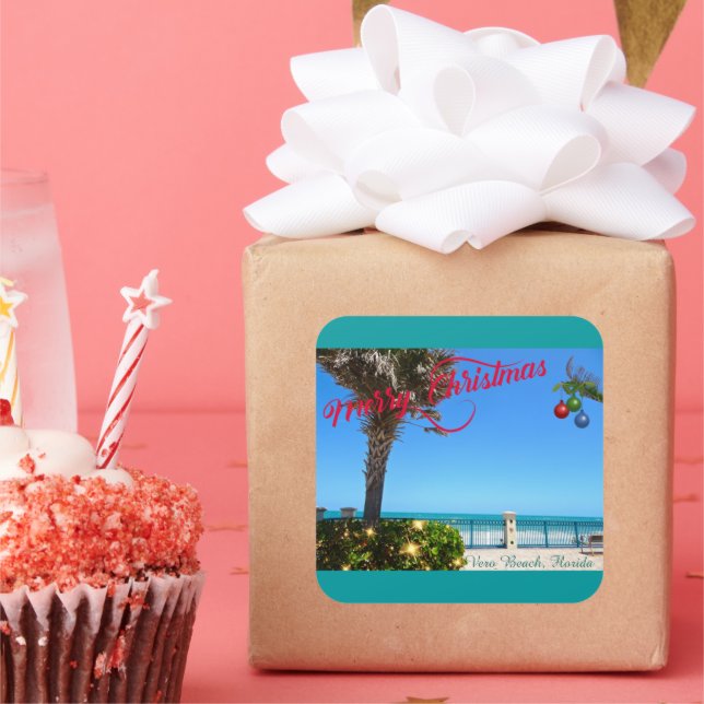 Pegatina Cuadrada Feliz Navidad desde Vero Beach Florida Oceanfront (Fiesta)
